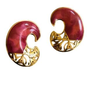 Edgar Berebi Signed Earrings VTG Pierced Chunky Pink Statement Enamel Gold 80s